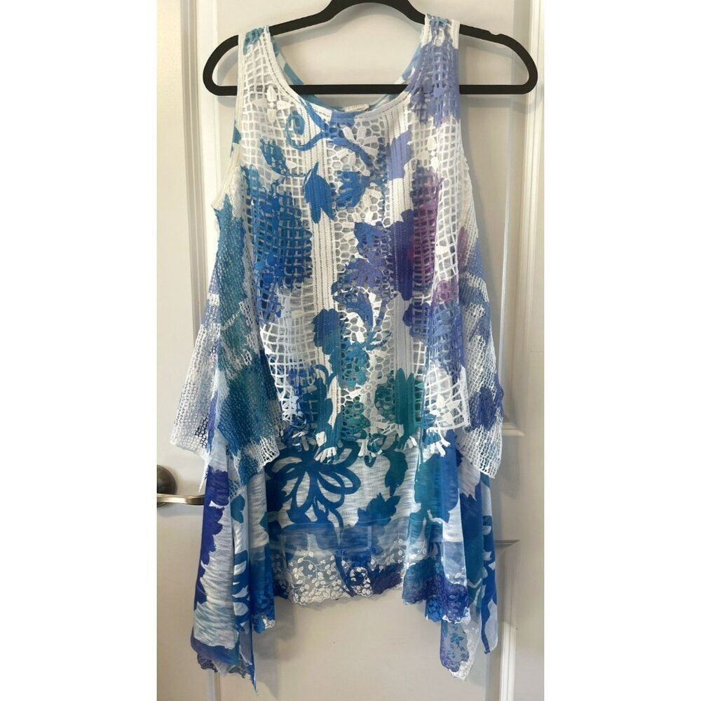 Cupio Blue White knit Crochet Overlay Dress Sleeveless Lace Hem L Beach resort